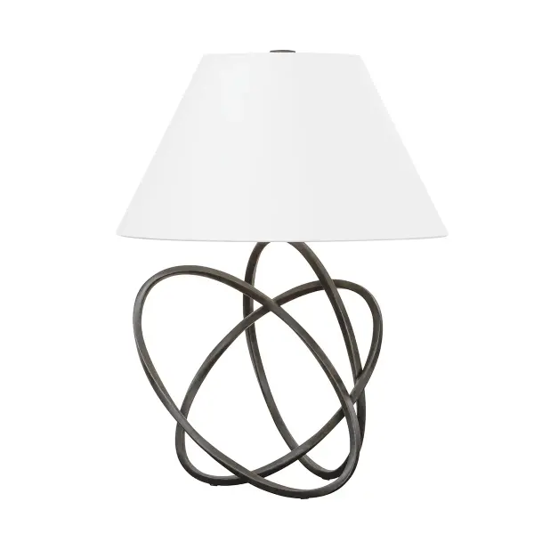 The Fortuna table lamp features a striking totem-like stacked base with gorgeous linework that adds texture and motion. The irregular lines in the Ceramic Etched Black finish create a natural, handcrafted aesthetic.