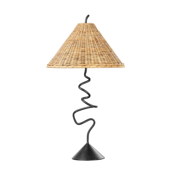 The Alaric table lamp combines a whimsical twisted iron stem with a natural rattan shade for a playful yet sophisticated look. Its sculptural form and organic materials make it a standout accent piece that works across multiple design styles.