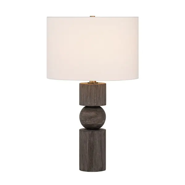 The Ralston table lamp combines modern simplicity with organic warmth through its stacked mango wood base and patina brass detailing. The geometric composition of cylindrical and spherical shapes creates visual interest while maintaining clean lines. Perfect for adding sophisticated ambient lighting to contemporary and transitional spaces.