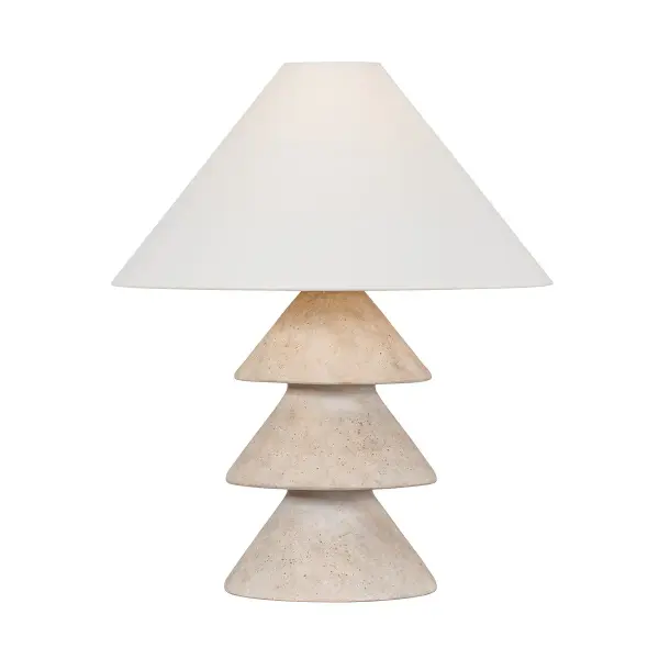 The Zettler brings architectural presence with its stacked conical ceramic base in Ancient Villa glaze. The earthy, limestone-like finish paired with Patina Brass hardware creates an artifact-inspired aesthetic that elevates any surface.