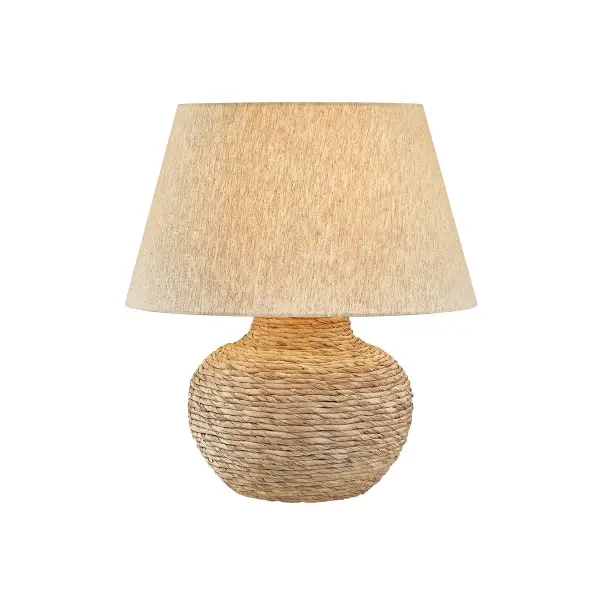The Malik table lamp brings organic sophistication with its hand-woven water hyacinth base and natural linen shade. The sculptural basket-weave construction creates visual interest while maintaining a refined aesthetic. Perfect for adding warmth and texture to contemporary or coastal-inspired spaces.