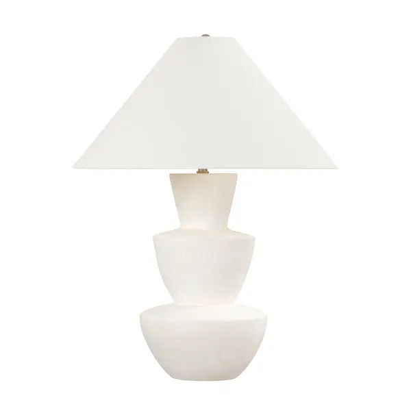 The Kamas table lamp combines natural beauty with contemporary design through its stacked ceramic bowl forms and warm brass accents. The ivory textured ceramic and off-white linen shade create a sophisticated, organic aesthetic perfect for modern interiors.