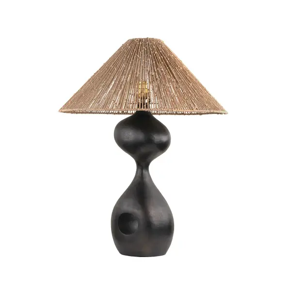The Rhu table lamp combines ancient-inspired design with modern sophistication. Its sand-cast aluminum body mimics weathered stone with a unique concentric cut-out, while the natural jute shade adds organic warmth.