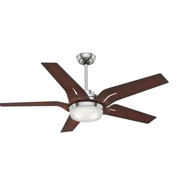 The Correne combines mid-century bent plywood aesthetics with modern LED efficiency. Its sculptural ribbon-like blades and soft white glass create an intimate ambiance perfect for contemporary spaces up to 400 sq ft.