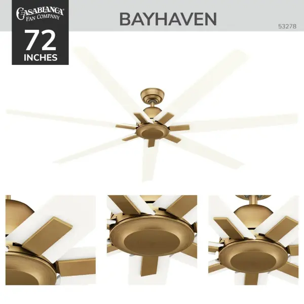 The Bayhaven delivers exceptional airflow for large covered outdoor spaces with its 6-speed DC motor and 72-inch blade span. ENERGY STAR certified for 64% greater efficiency, it includes both remote and wall control for ultimate convenience. - alternate view