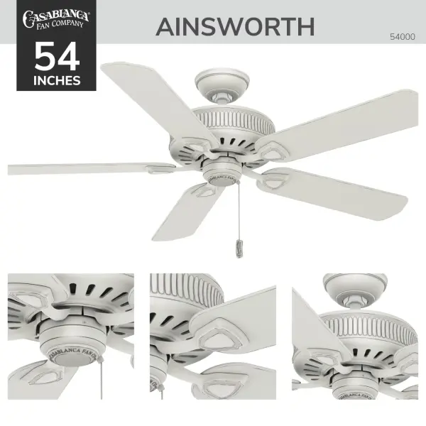 The Ainsworth 54-inch ceiling fan combines sophisticated traditional styling with modern performance. Meticulous column details and ornamental design create a distinguished centerpiece for French country interiors. - alternate view