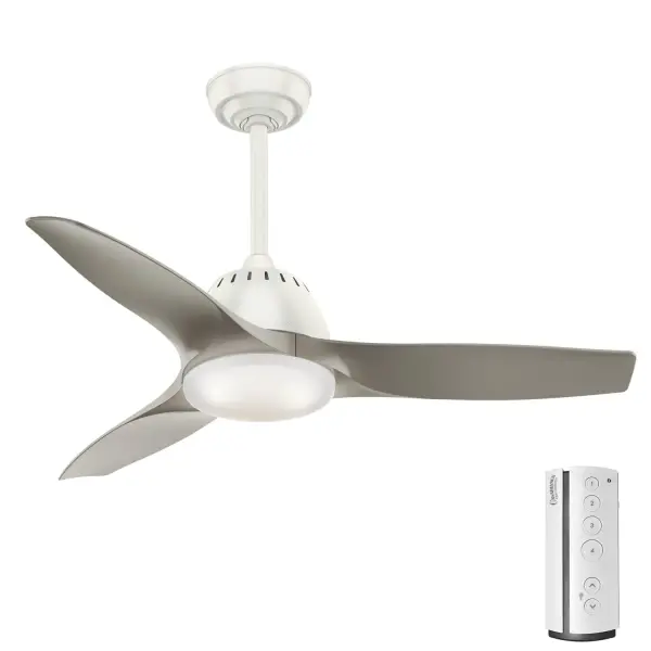 The Wisp combines contemporary design with retro flair through uniquely curved blades and integrated LED lighting. WhisperWind motor technology ensures ultra-quiet operation, while the cased white glass diffuses soft, dimmable light.