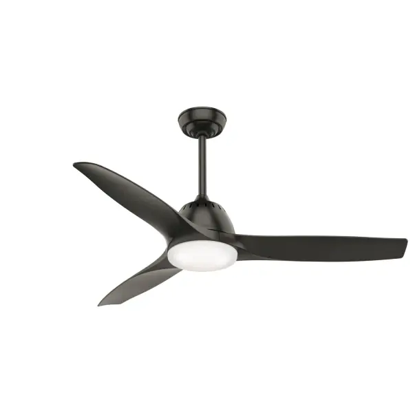 The Wisp LED ceiling fan combines contemporary design with retro-inspired curved blades, creating an elegant focal point. Its whisper-quiet Direct Drive motor and integrated dimmable LED light deliver both comfort and efficiency for large spaces.
