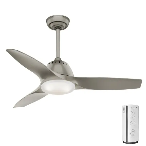 The Wisp combines contemporary design with retro flair through uniquely curved blades and integrated LED lighting. WhisperWind motor technology ensures ultra-quiet operation, while the cased white glass diffuses soft, dimmable light. - alternate view