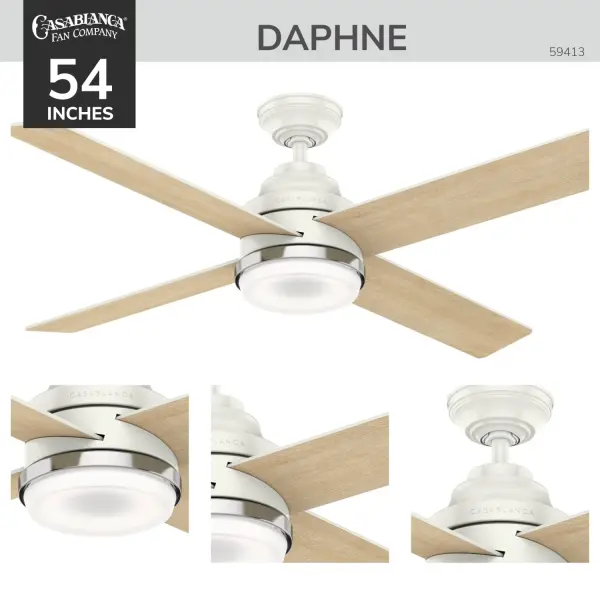 The Daphne combines sophisticated styling with premium features including real wood veneer blades, integrated LED lighting, and Casablanca's WhisperWind® motor. Perfect for large rooms up to 400 sq ft with easy remote control operation. - alternate view