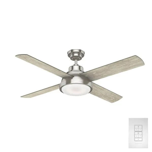The Levitt combines factory-inspired design with modern convenience. Its curved bell shape, cased white glass, and handpainted wood veneer blades create rustic charm, while the WhisperWind® motor and integrated LED deliver quiet, efficient performance.