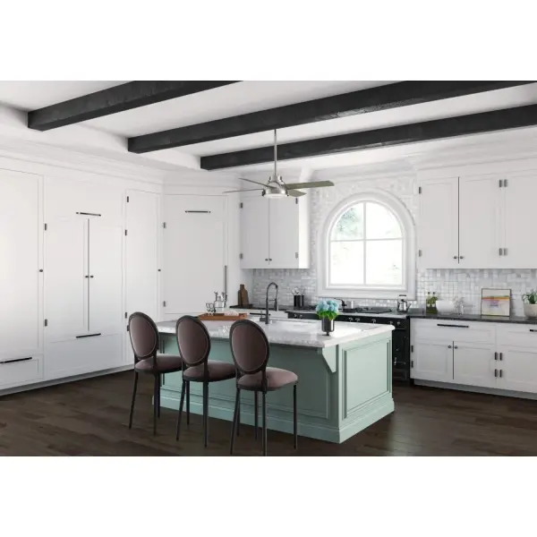 The Levitt combines factory-inspired design with modern convenience. Its curved bell shape, cased white glass, and handpainted wood veneer blades create rustic charm, while the WhisperWind® motor and integrated LED deliver quiet, efficient performance. - alternate view