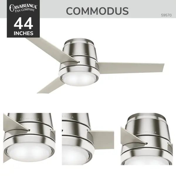 The Commodus 44" ceiling fan combines sleek modern design with exceptional performance in a compact 10.5" ultra-low-profile package. Ideal for rooms with low ceilings, it delivers 33% higher air velocity than competitors while maintaining whisper-quiet operation. Perfect for bedrooms and small spaces up to 100 sq ft. - alternate view