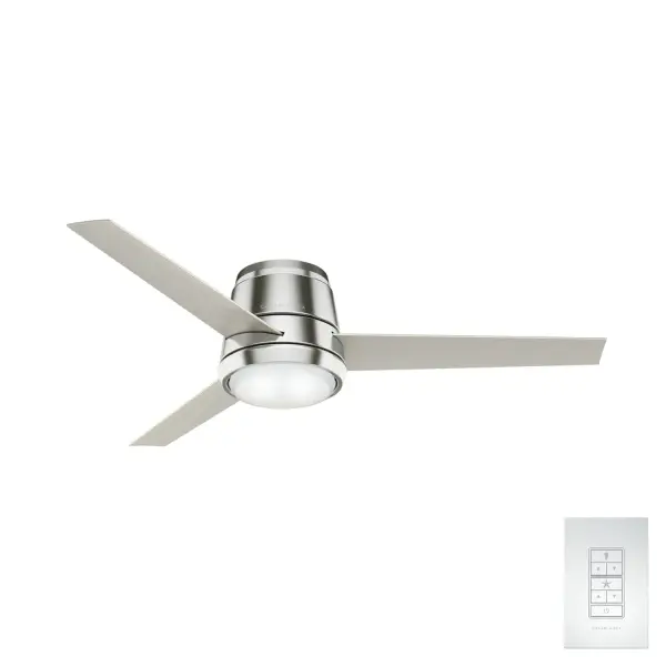 The Commodus 54" ceiling fan combines modern design with exceptional performance. Its ultra-low 10.5" profile makes it ideal for rooms with low ceilings while delivering 33% higher air velocity than competitors. Features include a whisper-quiet 4-speed motor, integrated LED lighting, and easy remote control installation.