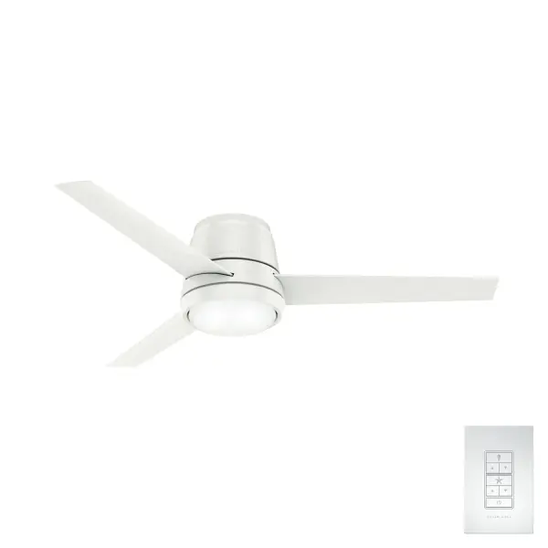 The Commodus 54" ceiling fan combines modern design with exceptional performance. Its ultra-low 10.5" profile makes it ideal for rooms with low ceilings while delivering 33% higher air velocity than competitors. Features include a whisper-quiet 4-speed motor, integrated LED lighting, and easy remote control installation. - alternate view