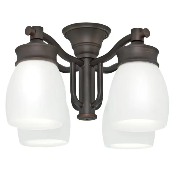 This four-light accessory kit adds functional illumination to compatible ceiling fans with a sophisticated brushed cocoa finish. Designed for wet outdoor locations, it features cased white glass shades.