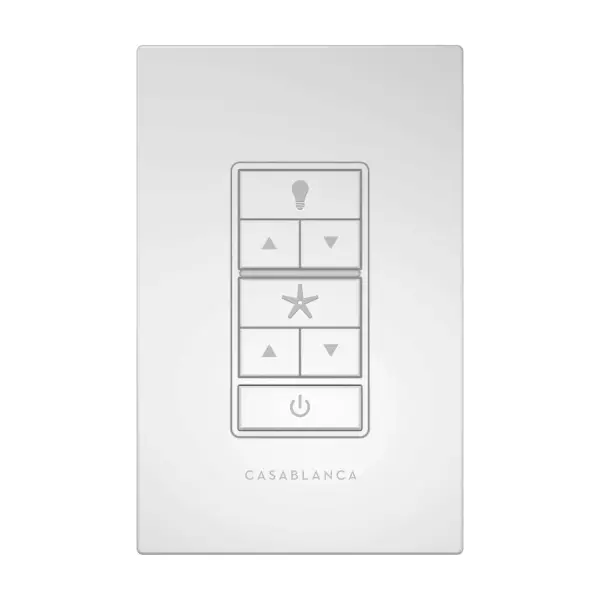 Universal wall control offering four fan speeds and full-range light dimming with intuitive arrow buttons. Features a snap-on cover for a seamless look and works with most Hunter and Casablanca fans.