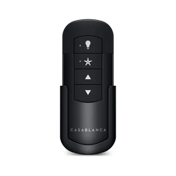The Casablanca Handheld Remote offers effortless control of fan speeds and full-range light dimming from anywhere in the room. Its sleek contemporary design includes a wall-mounted cradle for easy storage and access. - alternate view