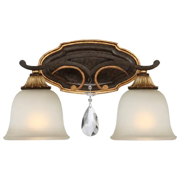 The Chateau Nobles 2-Light Bath Vanity combines classic elegance with modern functionality. Its Raven Bronze finish with Sunburst Gold Leaf highlights adds sophisticated warmth to any bathroom space.