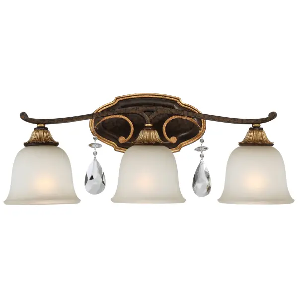 The Chateau Nobles 3-Light Bath Vanity combines Old World elegance with modern functionality. Featuring a sophisticated Raven Bronze finish with Sunburst Gold Leaf highlights and crystal accents, this fixture delivers ample illumination while adding refined luxury to any bathroom space.