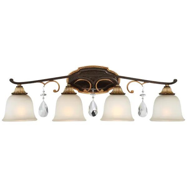 The Chateau Nobles 4-Light Bath Vanity combines Old World elegance with modern functionality. Its Raven Bronze finish with Sunburst Gold Leaf highlights creates a sophisticated focal point, while crystal and glass elements add sparkle and refinement to any bathroom.