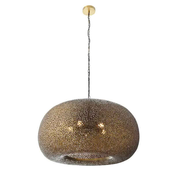 The Moradabad pendant showcases authentic Indian craftsmanship with its gilded brass finish and substantial 35-inch width. Five lights provide ample illumination for large dining spaces while the traditional metalwork adds warmth and character.
