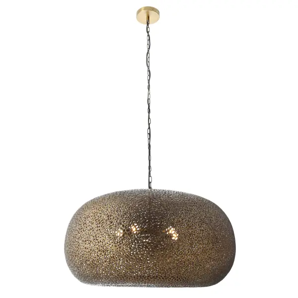 The Moradabad pendant showcases authentic Indian craftsmanship with its gilded brass finish and substantial 35-inch width. Five lights provide ample illumination for large dining spaces while the traditional metalwork adds warmth and character. - alternate view