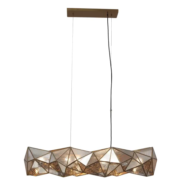 The Geo-Gem 6-Light Island Chandelier combines contemporary geometric design with artisanal craftsmanship. Its 48-inch linear profile and antique mercury glass panels create dramatic visual interest, while the artisan brass finish adds warmth and sophistication to modern and transitional spaces. - alternate view