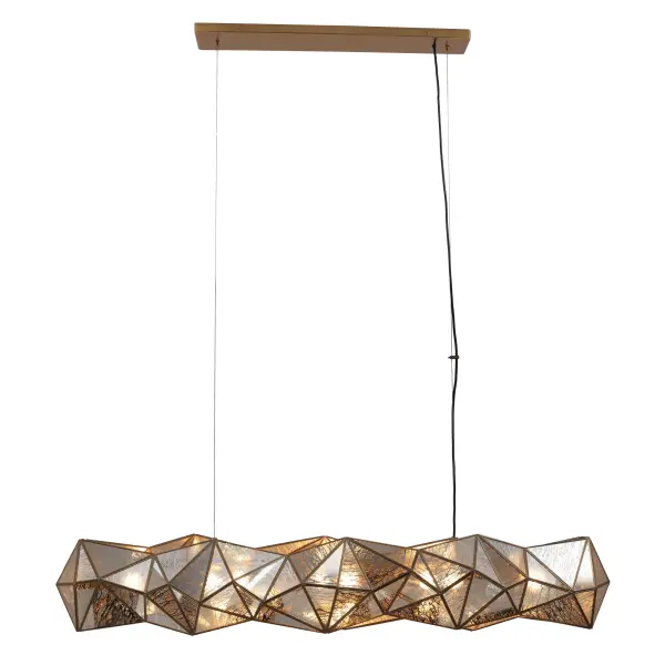 The Geo-Gem 8-Light Island Chandelier combines geometric sophistication with artisanal warmth. Its 62-inch linear design features eight mercury pane glass shades in an artisan brass frame, creating dramatic illumination perfect for large islands and dining tables. - alternate view