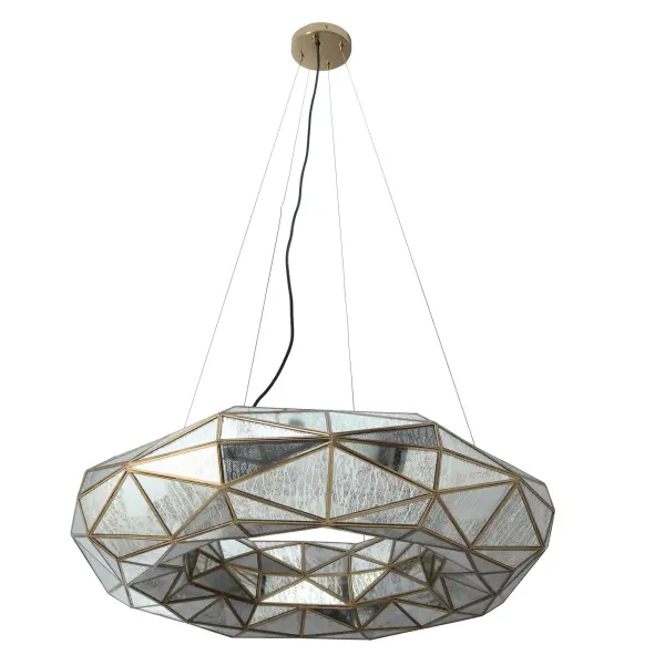The Geo-Gem pendant combines geometric sophistication with artisanal warmth. Eight mercury pane glass shades create dramatic light reflection while the artisan brass finish adds luxurious depth. At 36 inches wide, this fixture commands attention. - alternate view