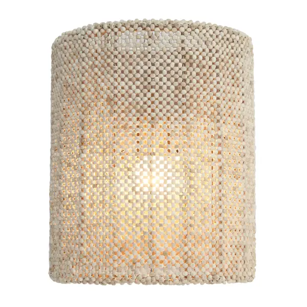 The Copra wall sconce brings organic coastal charm with its hand-woven coco bead shade and brushed nickel finish. Perfect for adding natural texture and warm, filtered light to bathrooms, bedrooms, and hallways. - alternate view