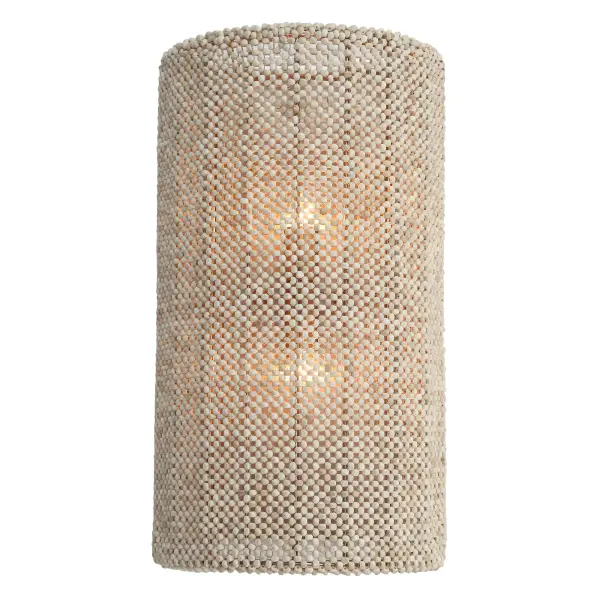 The Copra wall sconce brings organic coastal charm with its hand-woven coco bead shade and brushed nickel finish. Perfect for creating a relaxed, textured look in bathrooms, bedrooms, or hallways with its warm, filtered light. - alternate view