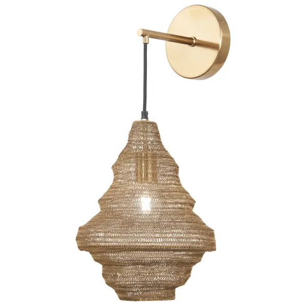 The Marseille wall sconce combines contemporary styling with artisanal craftsmanship. Its distinctive metal mesh shade creates beautiful light diffusion while the gilded brass finish adds warmth and sophistication to any space.