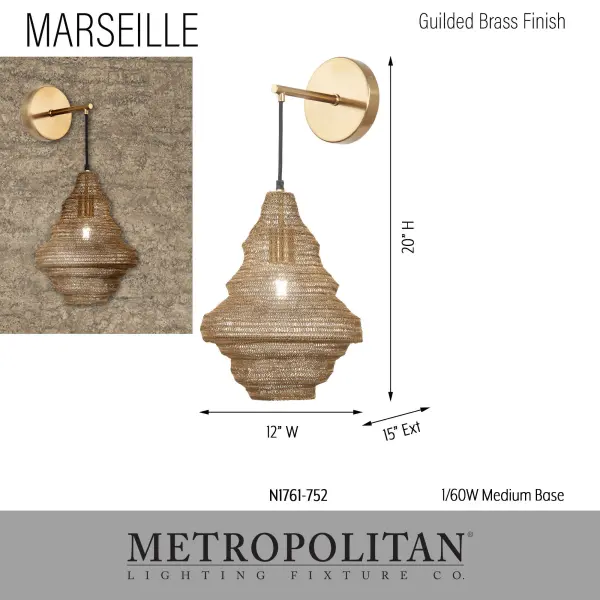 Marseille 1-Light Wall Sconce in Gilded Brass - Image 3