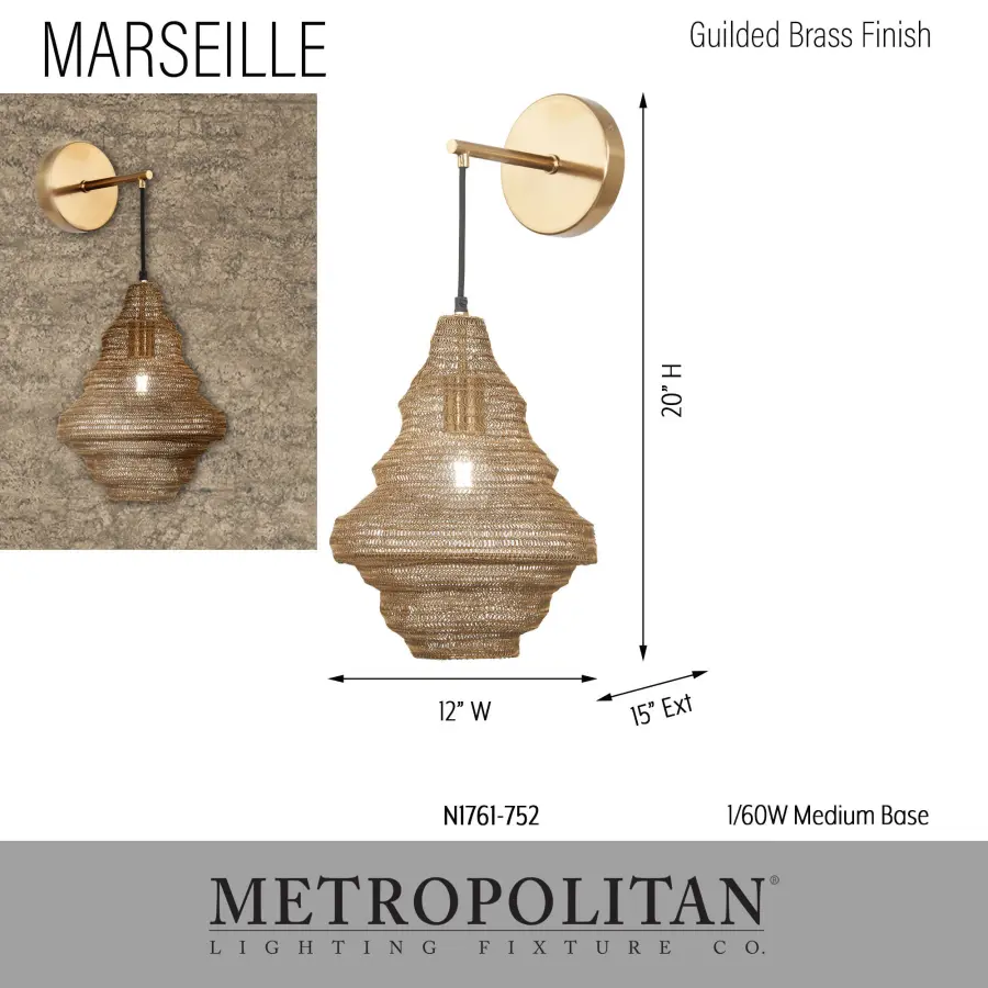 Marseille 1-Light Wall Sconce in Gilded Brass - Image 3