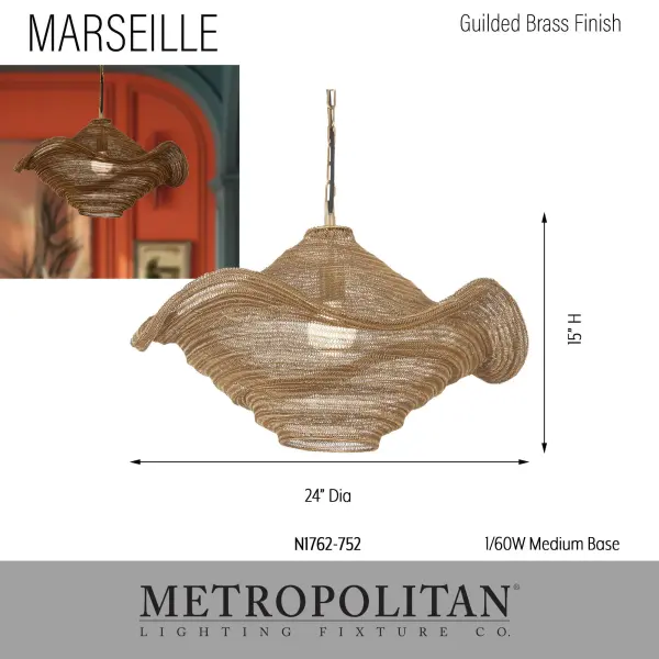Marseille 1-Light Pendant in Gilded Brass - Image 3