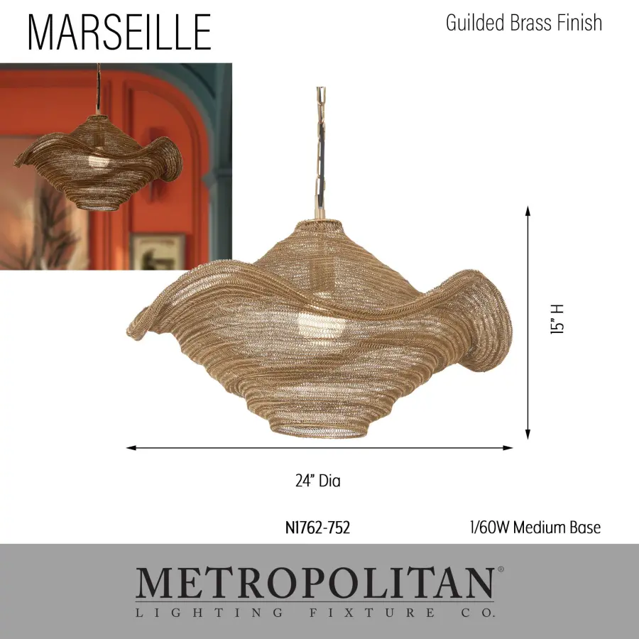 Marseille 1-Light Pendant in Gilded Brass - Image 3