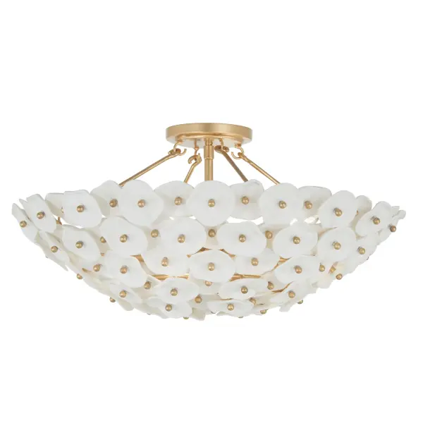 The Coastlyn semi flush combines coastal charm with contemporary elegance through its Legacy Brass finish and white ceramic details. At 22.5" wide, it provides ample illumination while maintaining a low 10.75" profile perfect for standard ceiling heights.