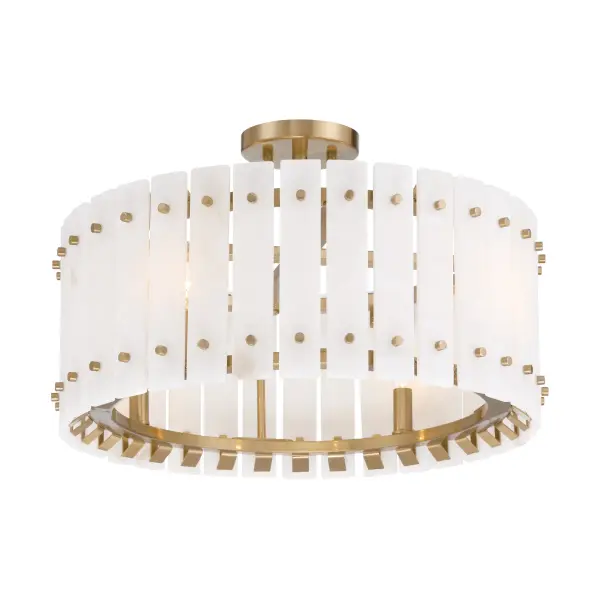 The Bardon semi-flush mount combines contemporary brass finish with natural alabaster panels for sophisticated ambient lighting. Its compact 21-inch width makes it ideal for smaller spaces needing refined style.