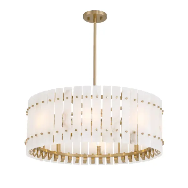 The Bardon 8 Light Pendant combines modern sophistication with timeless materials. Its elongated profile and warm Celeste Brass finish paired with natural alabaster panels create a refined focal point perfect for dining areas and kitchen islands.
