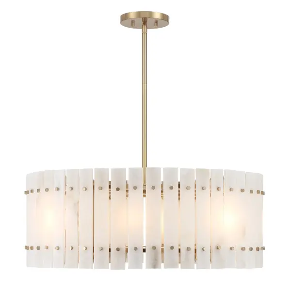 The Bardon 8 Light Pendant combines modern sophistication with timeless materials. Its elongated profile and warm Celeste Brass finish paired with natural alabaster panels create a refined focal point perfect for dining areas and kitchen islands. - alternate view