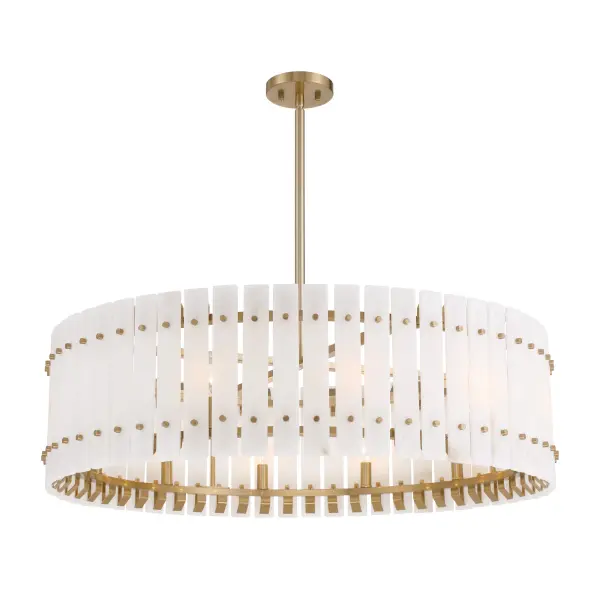 The Bardon 12-Light Pendant combines modern elegance with timeless materials. Its 36-inch linear design features luxurious alabaster panels set in Celeste Brass, creating a warm, diffused glow perfect for dining spaces and kitchen islands.