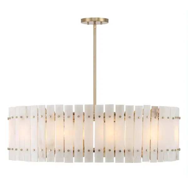 The Bardon 12-Light Pendant combines modern elegance with timeless materials. Its 36-inch linear design features luxurious alabaster panels set in Celeste Brass, creating a warm, diffused glow perfect for dining spaces and kitchen islands. - alternate view