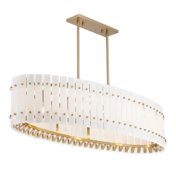 The Bardon 5-Light Island Chandelier combines modern linear design with timeless brass finish and soft alabaster panels. Its generous 48-inch length makes it perfect for kitchen islands and dining tables, delivering both ambient and task lighting.