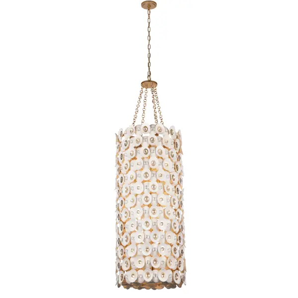 The Niu pendant combines natural coconut shell with crystal accents and a warm Fawn Gold finish, creating a sophisticated organic modern aesthetic. Its 12 lights provide ample illumination while the natural materials add texture and warmth.