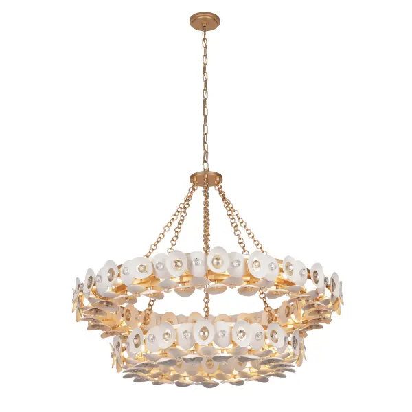 The Niu chandelier brings tropical elegance with 22 lights across two tiers, featuring unique coconut shell shades and crystal accents. Its 39-inch width and warm Fawn Gold finish create a sophisticated focal point perfect for large dining spaces.