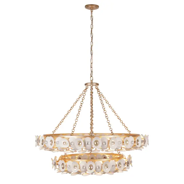 The Niu chandelier brings tropical elegance with 22 lights across two tiers, featuring unique coconut shell shades and crystal accents. Its 39-inch width and warm Fawn Gold finish create a sophisticated focal point perfect for large dining spaces. - alternate view
