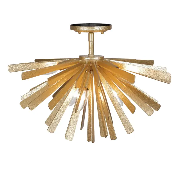 The Confluence semi-flush mount brings contemporary elegance to spaces with lower ceilings. Its hammered Piastra Gold finish adds artisanal texture while six candelabra bulbs provide ample illumination in a compact 20-inch profile. - alternate view