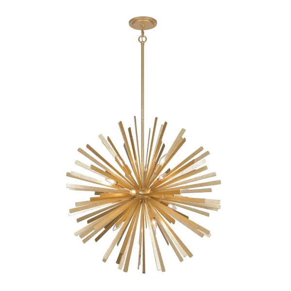 The Confluence pendant makes a dramatic impact with 16 candelabra lights arranged in a sculptural 34-inch sphere. Hammered Piastra Gold finish adds artisanal texture and warmth, perfect for grand dining rooms and entryways.