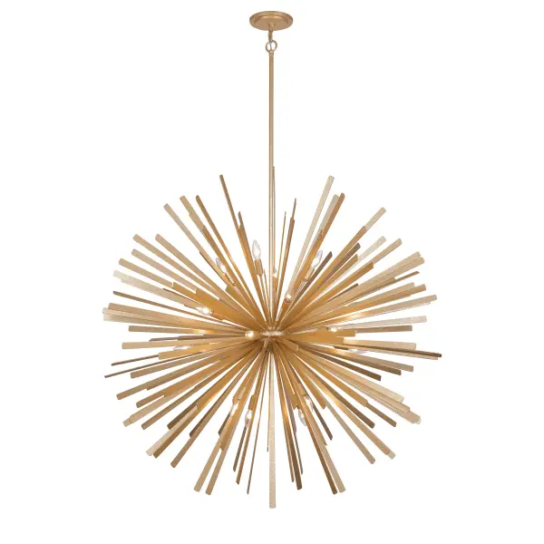 The Confluence pendant commands attention with 20 candelabra lights arranged in a dramatic 48-inch sphere. Hammered Piastra Gold finish adds artisanal texture while contemporary design ensures versatility in grand spaces.